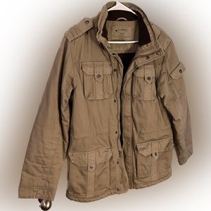 LL Bean Sherpa Fleece Lined Canvas Chore Jacket Coat Mens M, Khaki Cargo, EUC!!